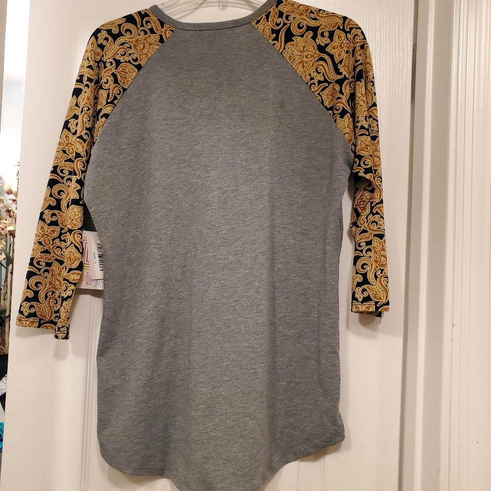 Lularoe M Randy Raglan Baseball T Gray Black Gold Floral Scrolls NWT - Picture 3 of 7